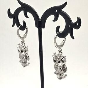 925 Silver Earrings W/ Owl Pendants CZ White Diamonds Fashion Birthday Gift NEW!